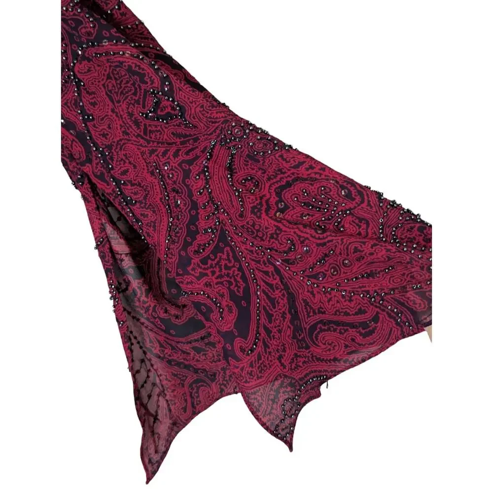 Carmen Marc Valvo Silk Beaded Blouse Women 10 Burgundy Blue Paisley Bell Sleeve - Picture 5 of 8